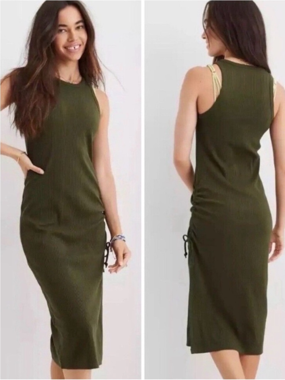 AERIE Olive Green Ribbed Tank Midi Dress - Small